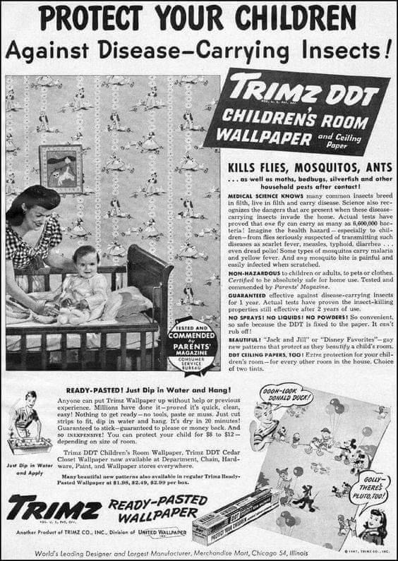 A vintage advertisement promotes Trimz DDT children's room wallpaper, claiming to protect against insects like flies, mosquitoes, and ants.