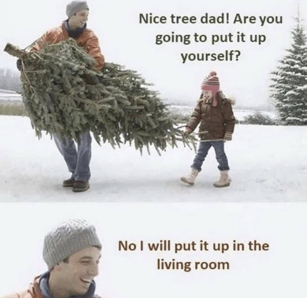 A wholesome Christmas scene of a man carrying a Christmas tree in the snow, with a child, who asks, 'Nice tree dad! Are you going to put it up yourself.' Second photo, close-up of the man, who responds, 'No I will put it up in the living room'