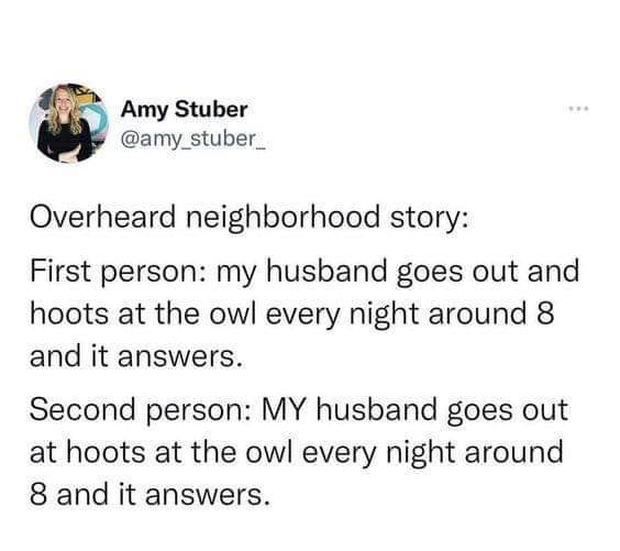 Screenshot of a tweet: Overheard neighborhood story: First person: my husband goes out and hoots at the owl every night around 8 and it answers. Second person: MY husband goes out at hoots at the owl every night around 8 and it answers.