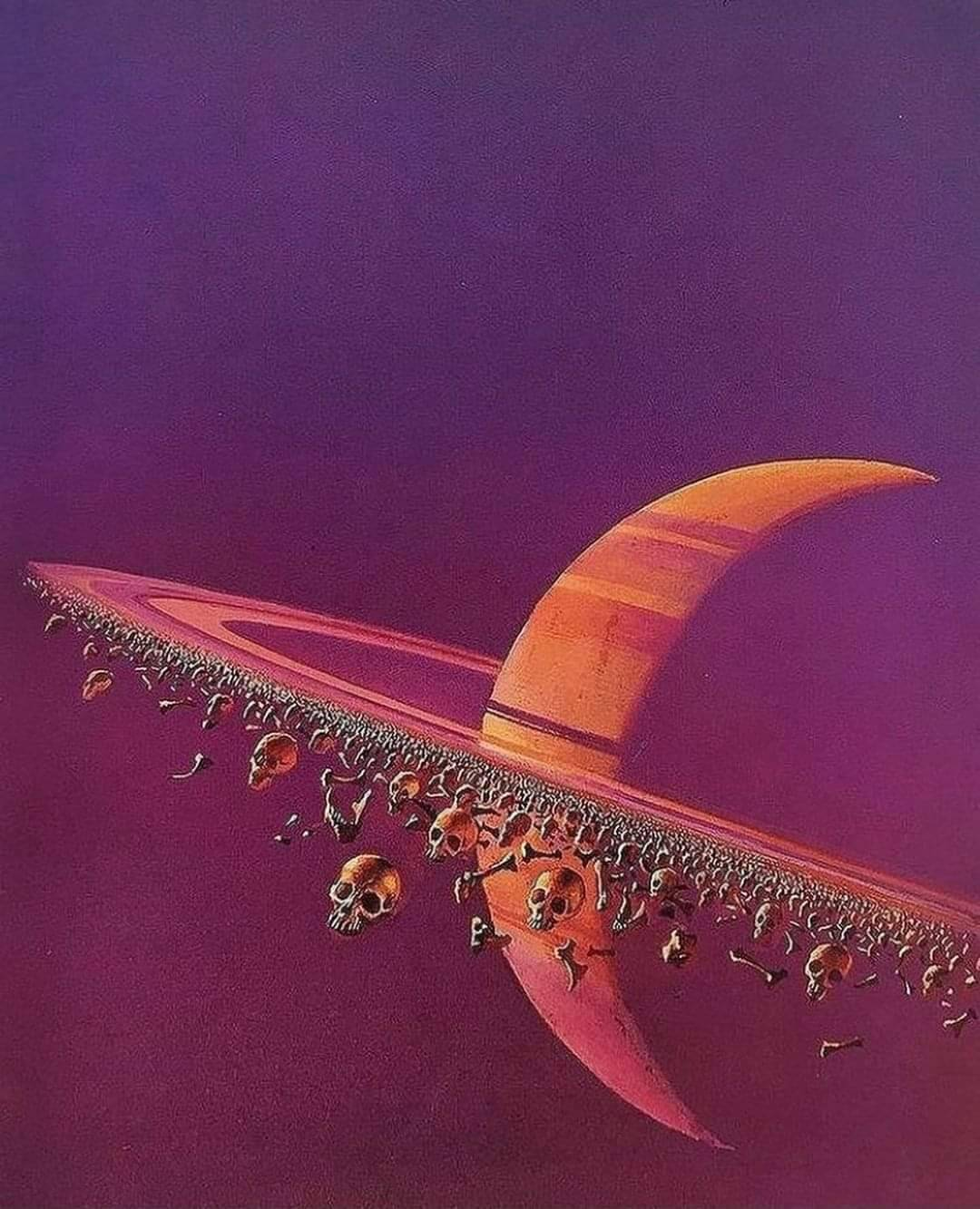 Astronomical illustration of a red ringed planet against purple space. Up close you can see the rings comprise skulls and bones, probably billions of them.