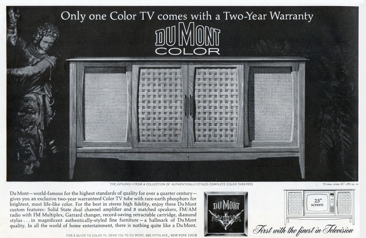 1965 magazine ad for a Dumont console TV, with a model dressed as a pagan god or goddess to one side of the console. The ad says the TV is 25 inches, which was a big screen back in the day.