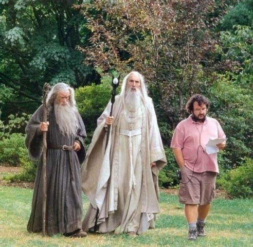 In a green meadow, two actors in elaborate wizard costumes, carrying staffs, stand on one side of a guy in cargo shorts and a pink short-sleeve button-down shirt. This looks like a behind-the-scenes photo of 'Lord of the Rings,' with Ian McKellen, Christopher Lee and Peter Jackson.